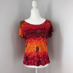 Women’s Red Orange Paisley Short-Sleeve Top